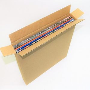 Corrugated box containing vinyl records.